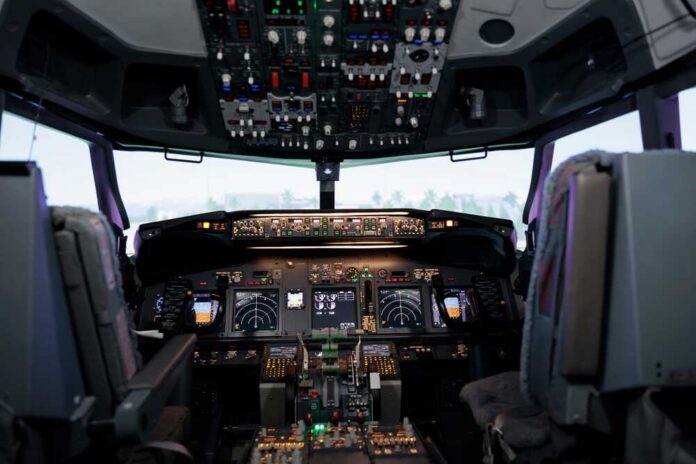 Nobody,In,Empty,Airplane,Cockpit,With,Dashboard,Command,And,Power Interior view of an airplane cockpit with various instruments and controls