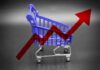 Grocery Shock: Pay More, Eat Less A miniature shopping cart with a rising arrow in the background