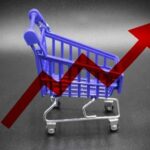 Grocery Shock: Pay More, Eat Less A miniature shopping cart with a rising arrow in the background