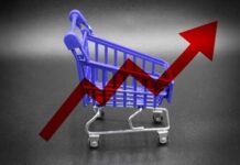 Grocery Shock: Pay More, Eat Less A miniature shopping cart with a rising arrow in the background