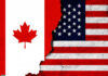 Smoke War: Trump Targets Canada’s Wallet Canadian and American flags with torn dividing line