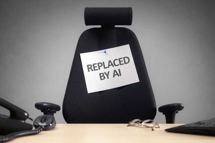 Empty,Office,Chair,With,Replaced,By,Ai,Sign,Business,Concept Empty office chair with a sign pinned to the backrest
