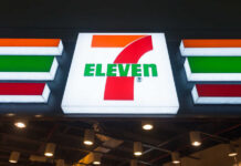 Exterior view of a 7-Eleven convenience store with All Cafe signage