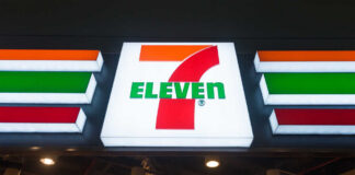 Exterior view of a 7-Eleven convenience store with All Cafe signage