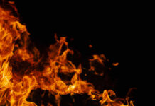 Arson Suspect With Killing Past Sparks Inferno? Firefighter spraying water on burning forest trees at night