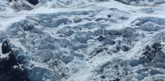 Snowy mountain landscape with glacial ice and rocks
