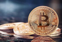 Bitcoin Whiplash Hammers Trump Media Bitcoin coins on a reflective surface.
