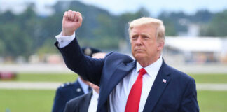 Donald Trump raising their arm in a fist gesture near a car.