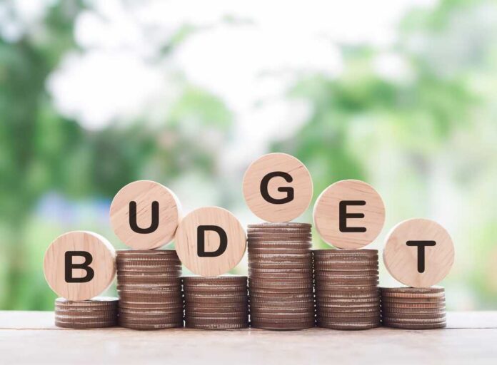 Wooden,Blocks,With,The,Word,Budget,On,Stack,Of,Coins. Stacks of coins with wooden discs spelling budget