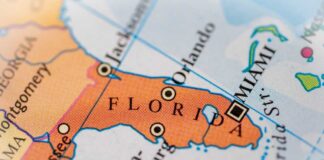 Close-up map of Florida peninsula with major cities highlighted