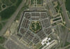 Pentagon Power Brawl Ends in Shock Exit Aerial view of the Pentagon building surrounded by roads and parking lots