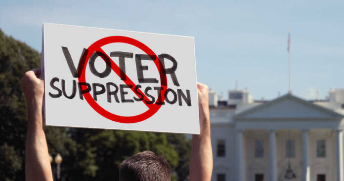 Person holding No Voter Suppression sign outside White House.