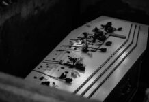 Coffin with flowers inside a dark burial plot.