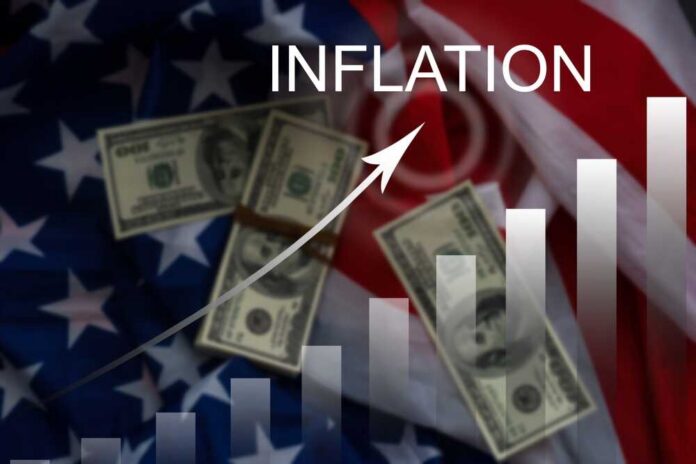 Word,Inflation,Against,Background,Of,Graph,Chart,Of,Rising,Inflation Graph indicating inflation with dollar bills on an American flag background