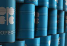 Blue oil barrels stacked in rows with OPEC logo
