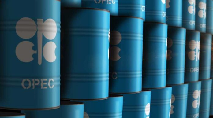 Blue oil barrels stacked in rows with OPEC logo