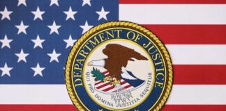 Department of Justice seal on American flag background