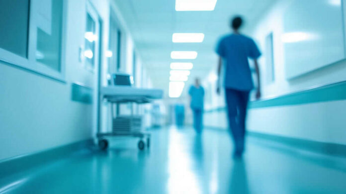 shutterstock_2600957699-1 Blurred hospital corridor with medical staff walking