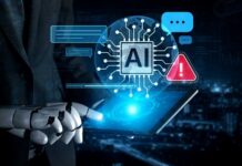 Robot hand holding tablet with AI interface and warning icon