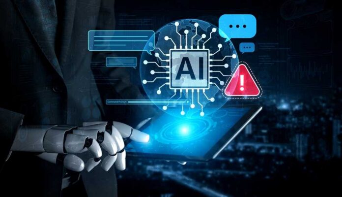 Ai,Interface,Displays,Prompt,Failure,Alert,,Helping,Manage,Incorrect,Output Robot hand holding tablet with AI interface and warning icon