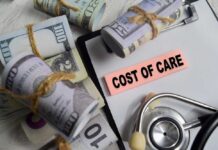 Bundles of cash next to a stethoscope and a note that says 'COST OF CARE'