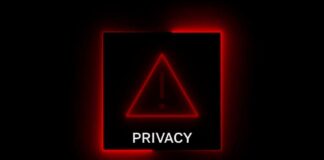 A red neon privacy warning sign with an exclamation mark