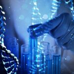Massive DNA Scandal Rocks Blue State Gloved hand selecting a test tube among blue vials with DNA strands overlay