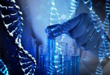 Gloved hand selecting a test tube among blue vials with DNA strands overlay