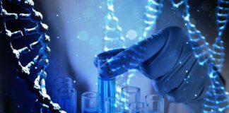 Gloved hand selecting a test tube among blue vials with DNA strands overlay