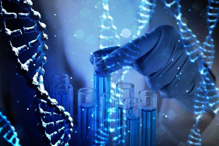 Dna,Strands,And,Scientist,Taking,Test,Tube.,Research,In,Biochemistry Gloved hand selecting a test tube among blue vials with DNA strands overlay