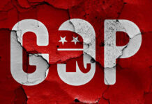 Polling Earthquake JOLTS GOP Cracked GOP logo on a red background.