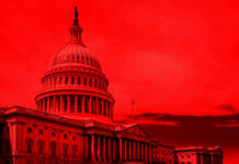 FBI Vs Congress: LIES United States Capitol building under red-tinted sky.