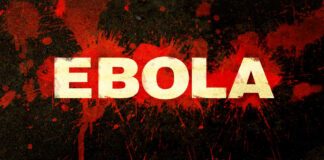 Ebola text over red splatter background