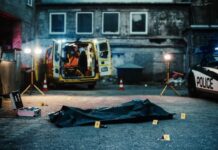 Police investigation at a crime scene with a covered body and evidence markers