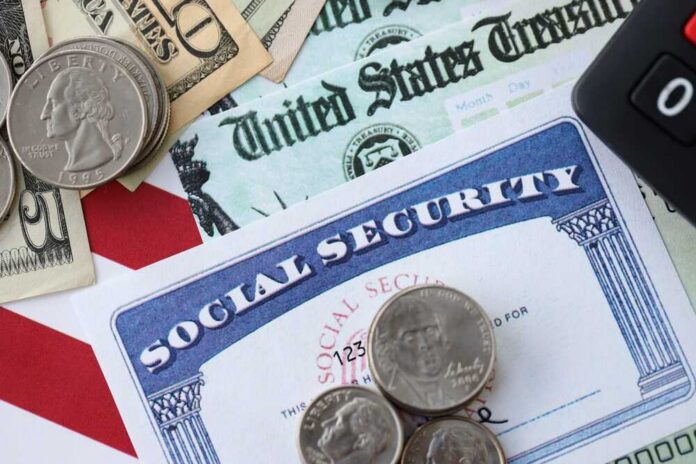 A collection of financial documents including a Social Security card, cash, and coins