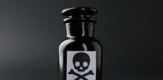 Dark glass bottle with skull and crossbones label