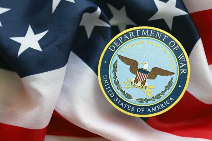 Department of War emblem on an American flag background