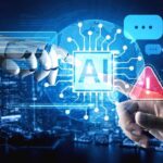 AI BAN At Chick-fil-A Robot hand and human hand touch a glowing AI interface over a cityscape