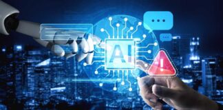Robot hand and human hand touch a glowing AI interface over a cityscape